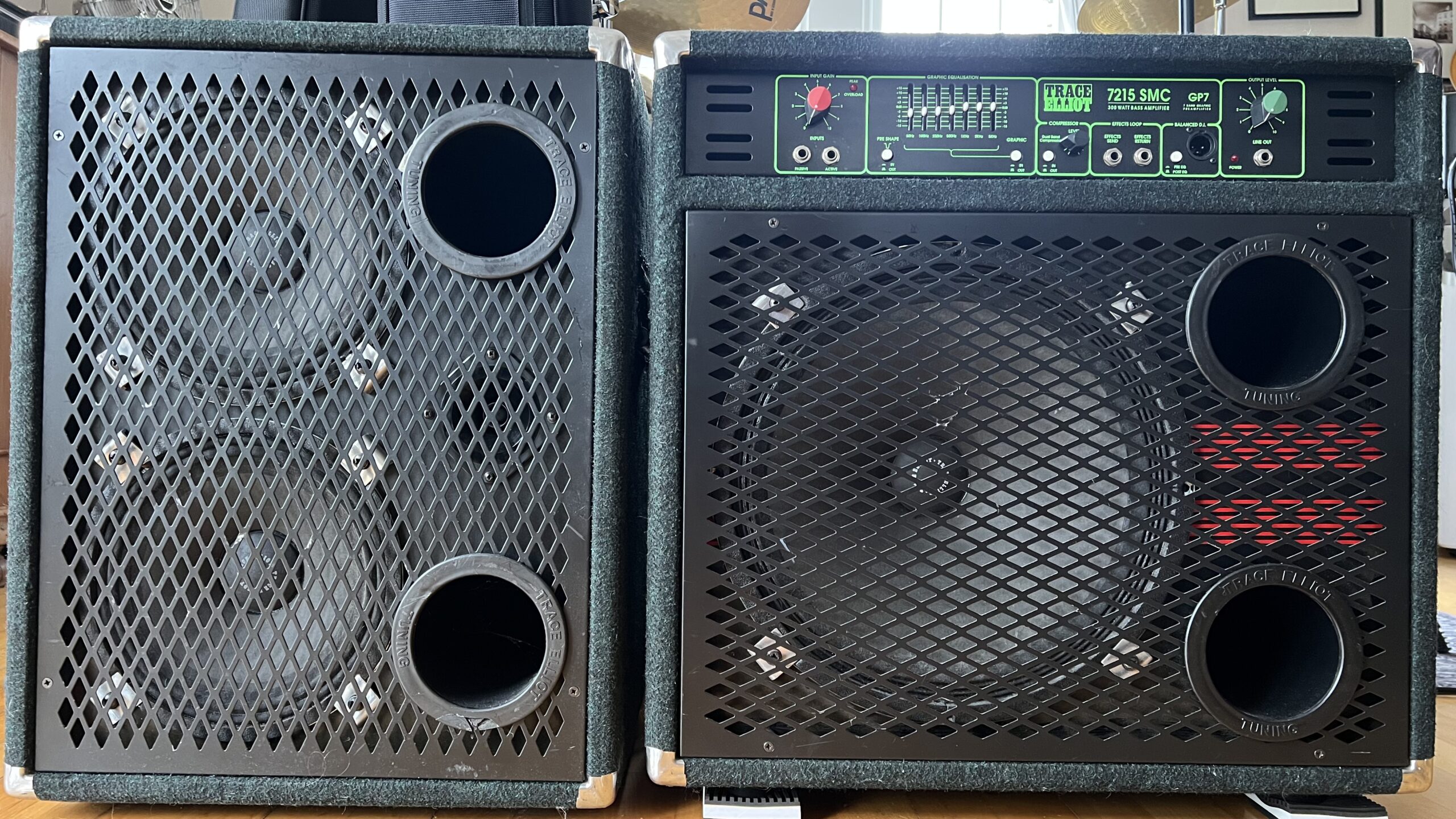 In‑room photo of Lottie’s vintage Trace Elliot 7125 GP7 combo and 2103H cab.