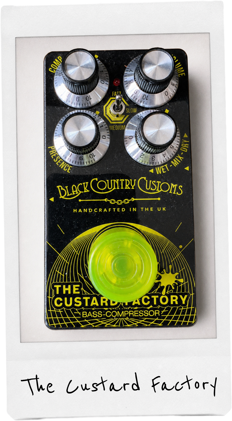 Polaroid photo of the Laney Custard Factory Bass Compressor Pedal from Lottie’s pedalboard.