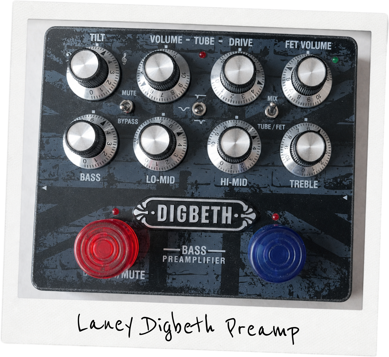 Polaroid photo of the Laney Digbeth Preamp Pedal from Lottie’s pedalboard.