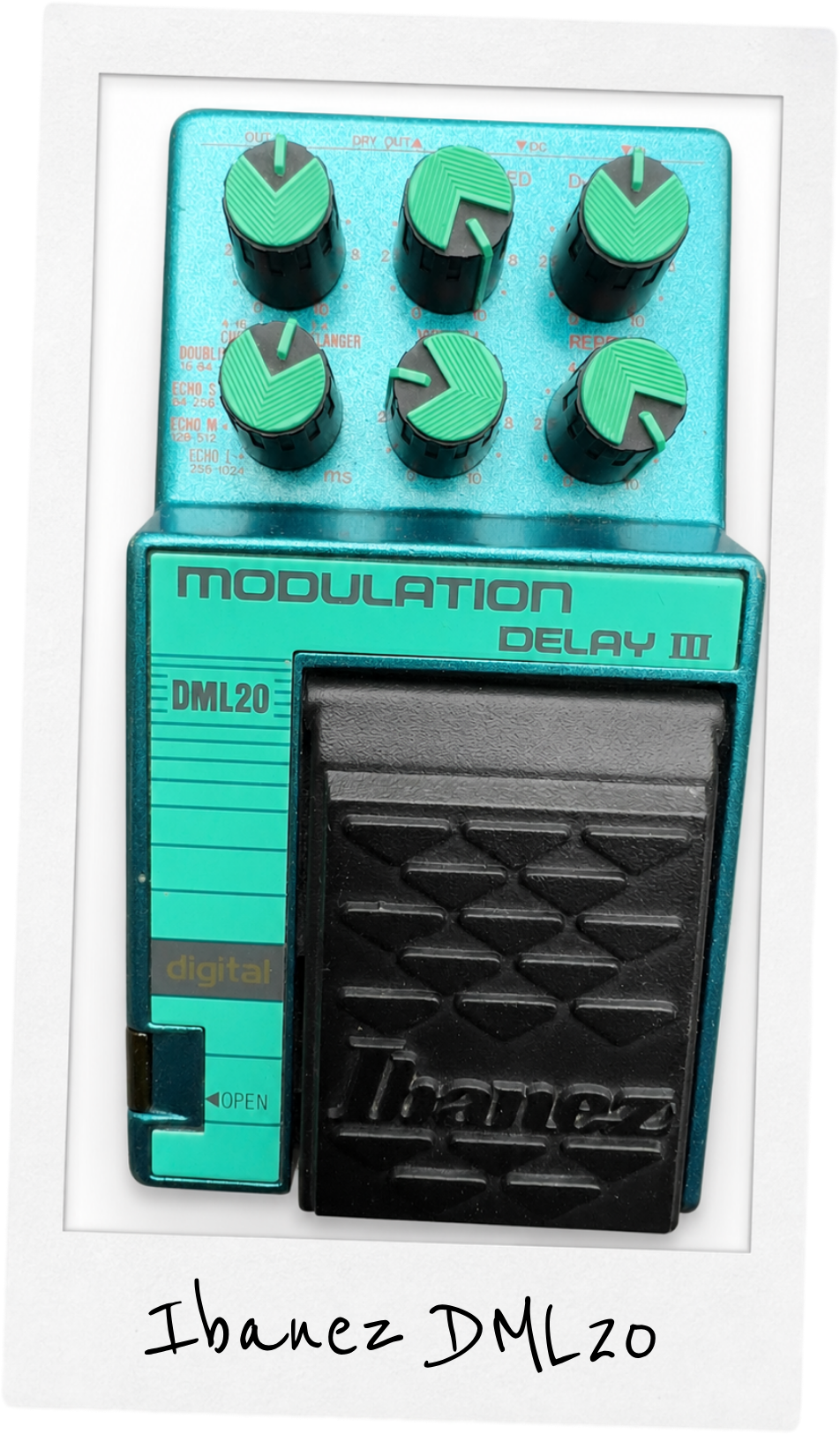 Polaroid photo of the Ibanex Modulation Delay 3 DML20 Pedal from Lottie’s pedalboard.